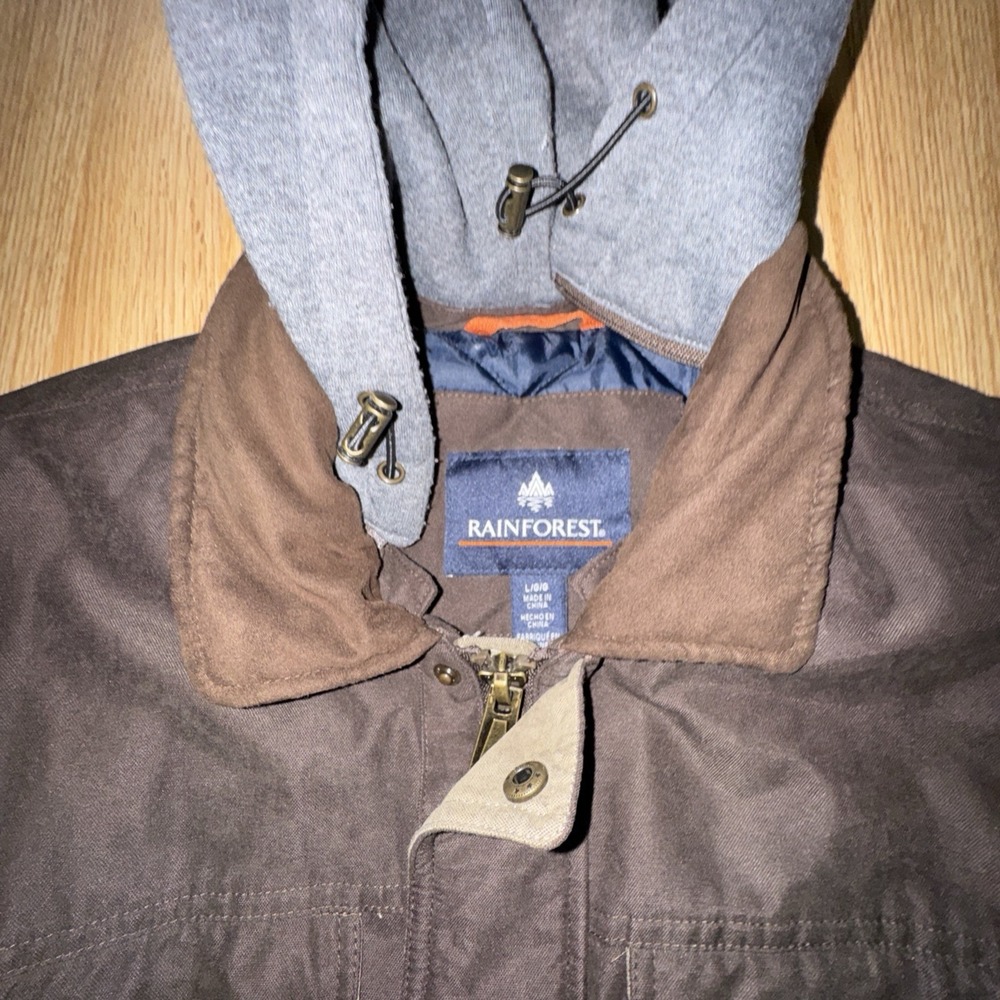 Men's Large Rainforest Chocolate Brown Zip & Snap Multi Pocket Jacket Hood - Picture 3 of 8
